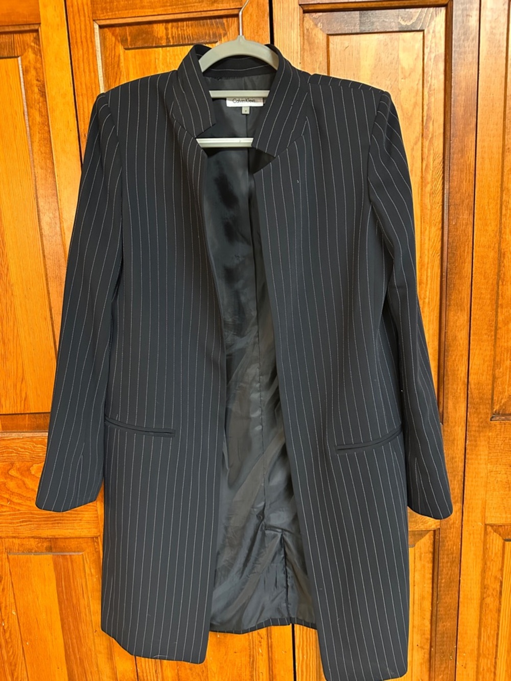 Calvin Klein Black White Pinstripes Longline Open-front Dressy Casual Blazer S8 - Picture 7 of 8